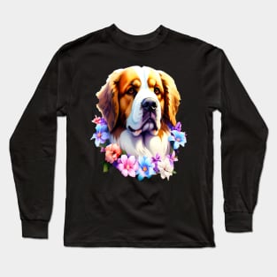 Saint Bernard Dog Surrounded by Beautiful Spring Flowers Long Sleeve T-Shirt